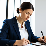 A professional woman in a modest, elegant business suit, seated thoughtfully at a modern desk in a well-lit, minimalist home office. She is holding a pen, poised over a journal, with a laptop screen displaying a productivity app or calendar in the background, not a shopping site. The scene emphasizes introspection and the initial step of identifying emotional triggers for compulsive buying, portraying a moment of conscious reflection. The atmosphere is calm and focused. fully clothed, appropriate attire, safe for work, professional, perfect anatomy, correct proportions, natural pose, well-formed hands, proper finger count, natural body proportions, high quality photography, appropriate content.