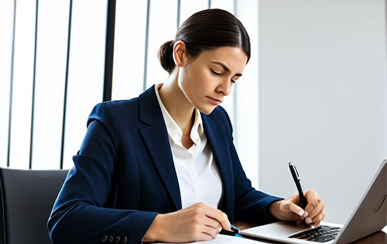 A professional woman in a modest, elegant business suit, seated thoughtfully at a modern desk in a well-lit, minimalist home office. She is holding a pen, poised over a journal, with a laptop screen displaying a productivity app or calendar in the background, not a shopping site. The scene emphasizes introspection and the initial step of identifying emotional triggers for compulsive buying, portraying a moment of conscious reflection. The atmosphere is calm and focused. fully clothed, appropriate attire, safe for work, professional, perfect anatomy, correct proportions, natural pose, well-formed hands, proper finger count, natural body proportions, high quality photography, appropriate content.