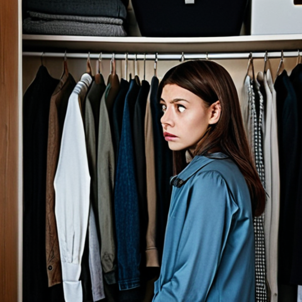 쇼핑 중독 심리 상담 - The Empty Closet**
A person staring sadly into a closet overflowing with clothes, yet feeling empty...
