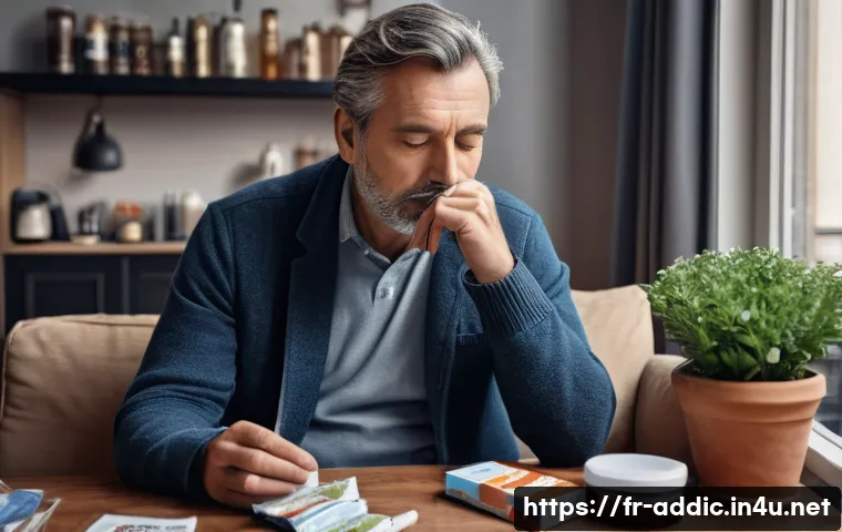 니코틴 의존증 치료 - A detailed, realistic illustration of a middle-aged French man sitting in a cozy living room, surrou...