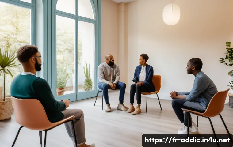 알콜 중독 재활 치료병원 - A serene therapy room in a modern rehabilitation center in France, featuring a diverse group therapy...