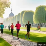 Home 23 카페인 중독과 운동 치료 - A vibrant outdoor scene in a French urban park during early morning, showing a diverse group of adul...
