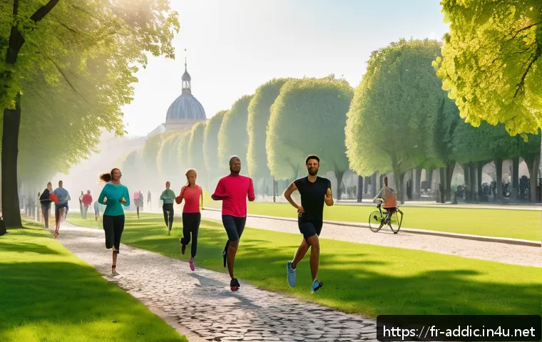 카페인 중독과 운동 치료 - A vibrant outdoor scene in a French urban park during early morning, showing a diverse group of adul...
