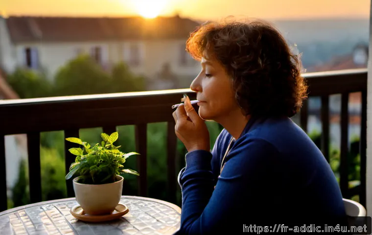 Home 17 니코틴 중독의 대체 요법 - Photorealistic French apartment balcony at sunrise, a middle-aged adult replacing a cigarette cravin...
