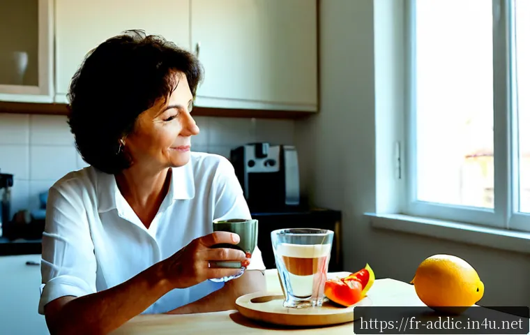 Home 17 카페인 중독 예방과 관리 - Photorealistic morning scene in a bright French apartment kitchen, a middle-aged woman calmly choosi...