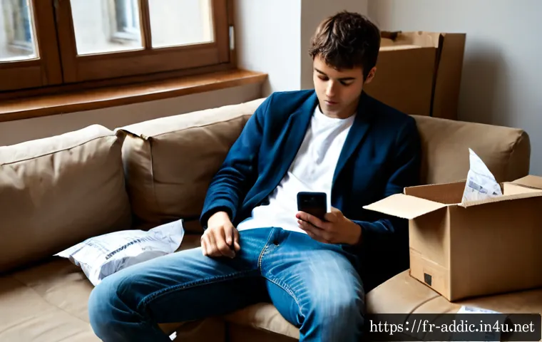 Home 17 쇼핑 중독과 사회적 압박 - Photorealistic French apartment living room, a stressed young adult sitting on a sofa surrounded by ...