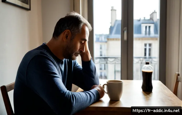 알콜 중독의 정신적 영향 - Photorealistic French middle-aged man sitting alone at a modest Paris apartment kitchen table in ear...