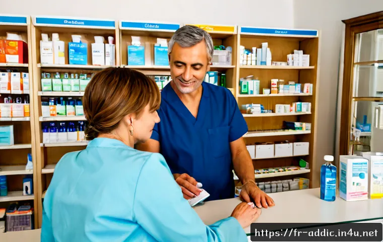 알콜중독 치료약물 종류 - Photorealistic French medical consultation scene, compassionate middle-aged pharmacist in a bright P...