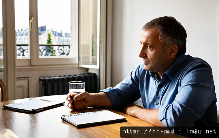 Home 17 알콜중독 증상별 진단법 - Photorealistic French middle-aged man seated at a tidy kitchen table in a bright Paris apartment, lo...